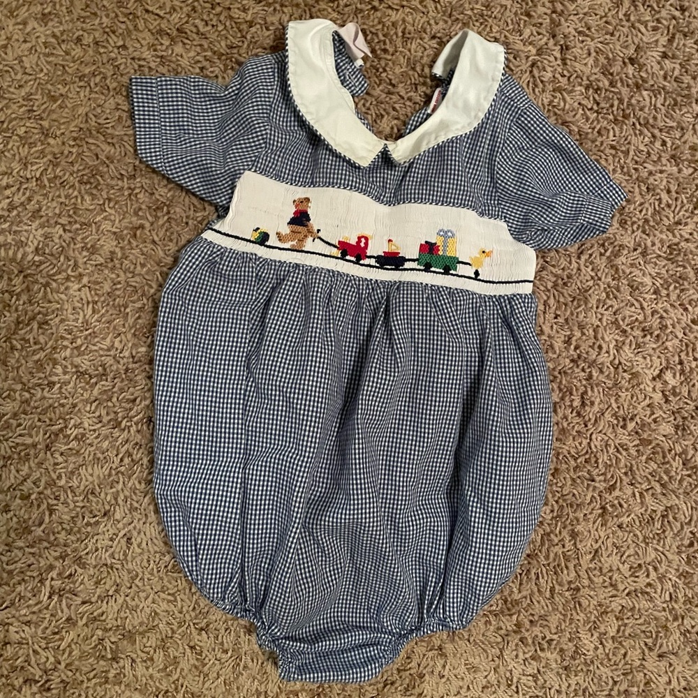 Silly Goose Hand Smocked Charming Blue Checkered Kids Bodysuit with Train Design